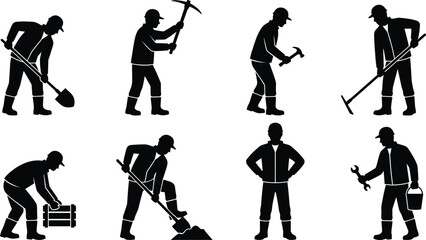 Construction worker silhouettes set, manual labor actions with tools, mining repair digging poses, industrial workforce vector illustration