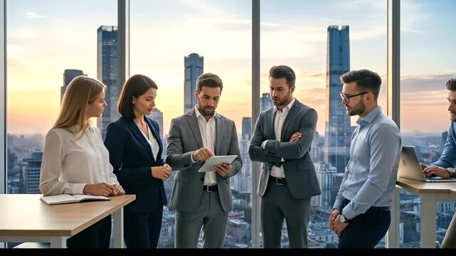Business people discussing project in modern office with city skyline view at sunset.