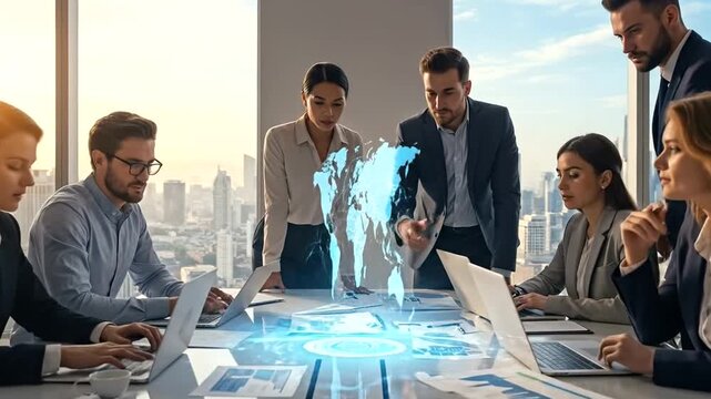 Global business team analyzing world map hologram during a strategic meeting in a modern office.