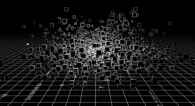 Wireframe cubes form a data visualization on a grid.