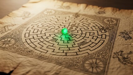 Green character navigating a complex circular maze on an ancient parchment.