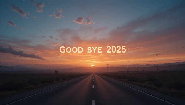 Cinematic Sunset Landscape with Glowing Neon "Good Bye 2025" Text - Powered by Adobe