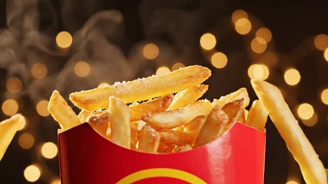 Golden french fries falling from a red carton against bokeh background