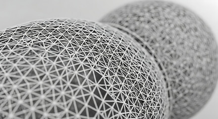 A close-up view of two geodesic domes with a complex network of interconnected triangular structures