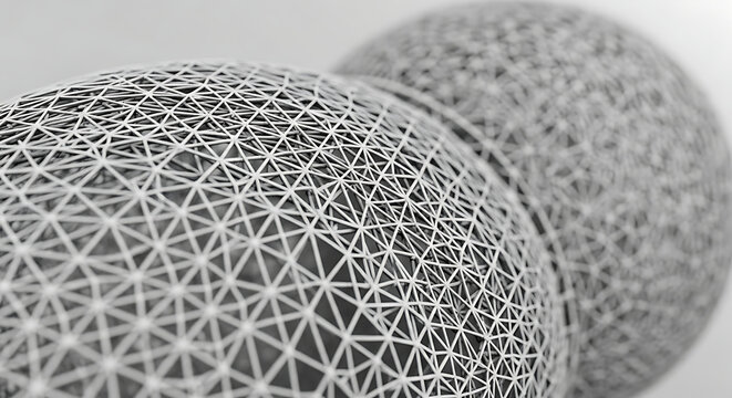 A close-up view of two geodesic domes with a complex network of interconnected triangular structures - Powered by Adobe