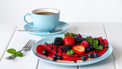 Red crepe with berries and coffee cup on a light blue plate on white wooden table