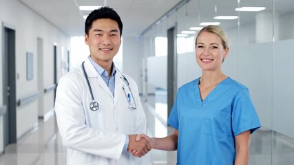 Professional medical collaboration Smiling doctor and nurse shake hands, symbolizing successful partnership and teamwork in healthcare - Powered by Adobe
