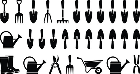Garden tool icons set, black silhouette gardening equipment collection, shovel rake trowel watering can wheelbarrow vector illustration isolated flat design © Sabbir's World