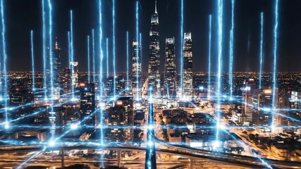 Futuristic cityscape with digital network connections and glowing lights - Powered by Adobe
