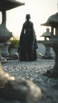 Junge Frau in einem Steingarten