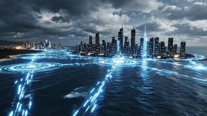 Futuristic cityscape with digital network overlay and ocean connection - Powered by Adobe