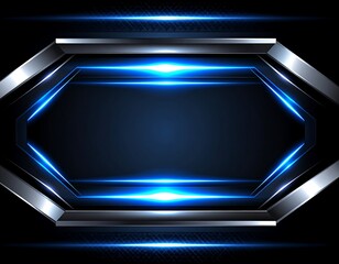 Abstract geometric design featuring a metallic frame, blue lights, and a dark textured background
