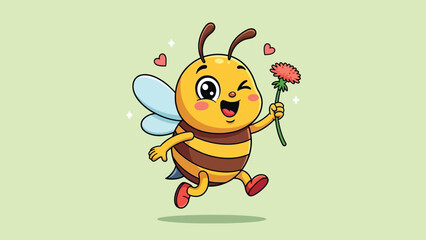 Adorable cartoon bee character with yellow and brown stripes, winking and holding a red flower.