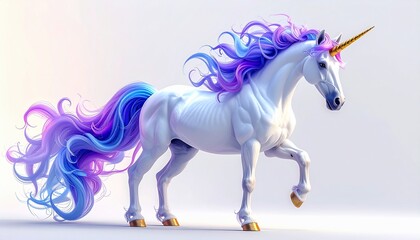 Fototapeta premium Majestic white unicorn with flowing purple and blue mane and tail, gold horn and hooves
