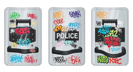 Riot shields covered in colorful graffiti display law enforcement protection.