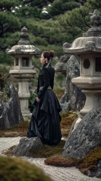 Junge Frau in einem Steingarten