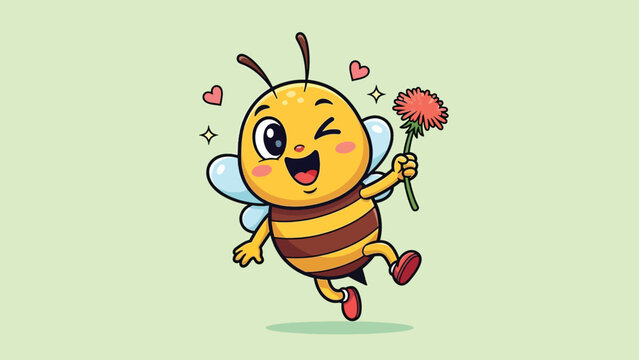 Adorable happy cartoon bee winking and holding a red flower.
