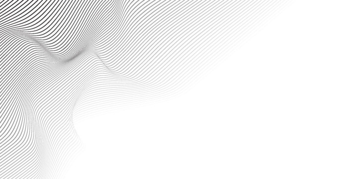 Wave lines abstract background, black thin wavy stripes with movement optical effect. Minimalistic drawing, graphic curves flow. Modern vector illustration isolated on white.