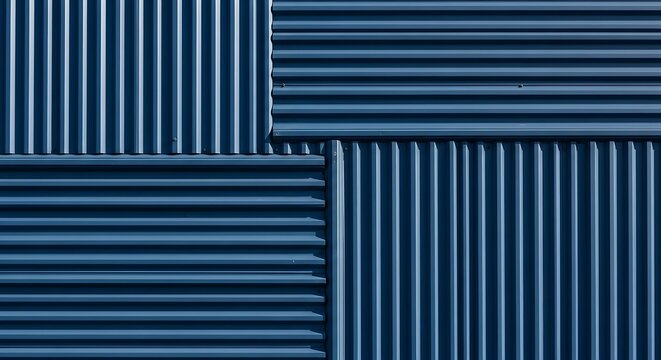 Textured blue corrugated metal panels form geometric patterns.
