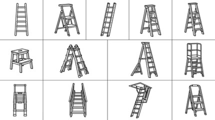 Ladder and step ladder line art icon set construction safety equipment vector illustration isolated on white background maintenance tools © Sabbir's World