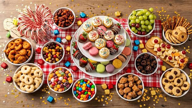 A Colorful Assortment of Festive Treats and Sweets Displayed on a Wooden Table with Decorative Elements for Celebrations and Gatherings