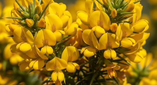Bright yellow broom flowers bloom vibrantly in sunlight.