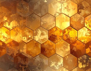 Abstract golden honeycomb texture, illuminated and textured, repeating hexagonal tiles pattern
