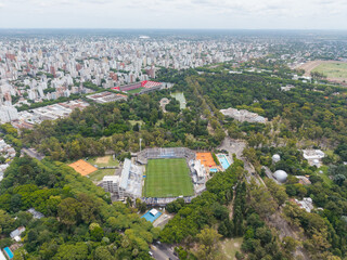 Buenos Aires, Argentina, December 21, 2025: Aerial view of the "Gimnasia de la Plata" (GELP) football stadium in Buenos Aires. The "Estudiante de la Plata" stadium can be seen in the background.