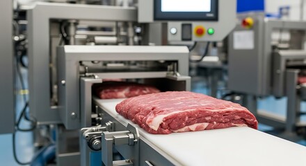 Raw meat moves on a conveyor belt at a modern food processing facility.