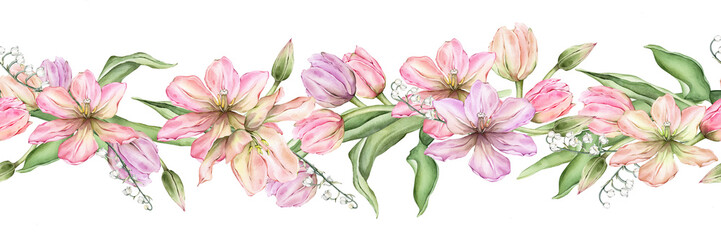 Fototapeta premium Seamless banner of Pastel pink light violet yellow bud Tulips watercolor illustration isolated on background. Hand drawn delicate spring perennial bulbous flower for spring wedding design or border