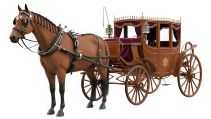 Elegant horse drawn carriage with brown horse isolated on transparent background