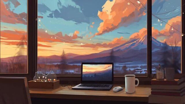 A serene, digital illustration of a window view with a laptop, coffee, and winter landscape.