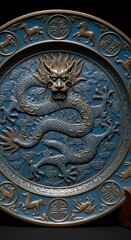 Ornate blue plate features a detailed dragon and celestial animal relief.