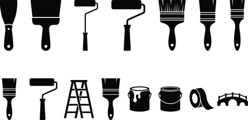 Painting tools icon set in black and white, brushes, rollers, ladder, paint bucket symbols for renovation, construction, web design © Sabbir's World