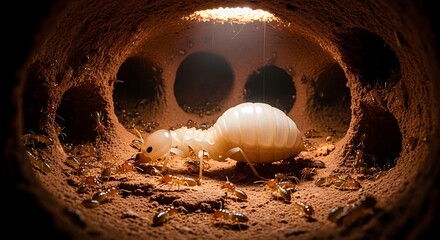 Large termite queen surrounded by workers inside a nest.