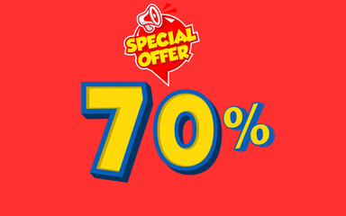 Fototapeta premium A bold promotional design with a bright red background featuring large yellow 70% discount text and a “Special Offer” badge, creating a strong, eye-catching message for sales and special deals.