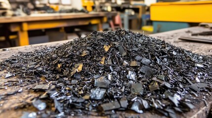 A pile of oxidized iron filings scattered across a workbench surface in a workshop