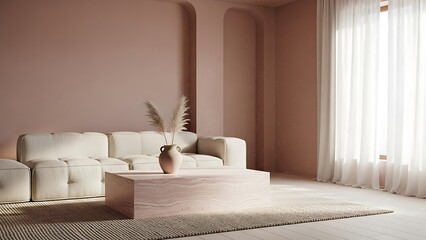 Minimalist interior design featuring a blush pink room and modern furniture