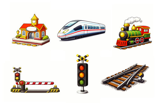 Icone ferroviarie in stile cartone animato con treni, stazioni, passaggio a livello e semaforo. Generative AI