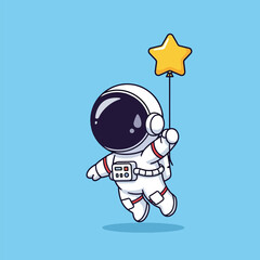 Cute cartoon astronaut floating with a yellow star balloon.
