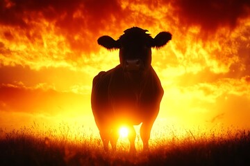 A dramatic shot of a cow silhouetted against a bright, fiery sunset, accentuating its strong features against the vibrant sky, evoking a sense of power.