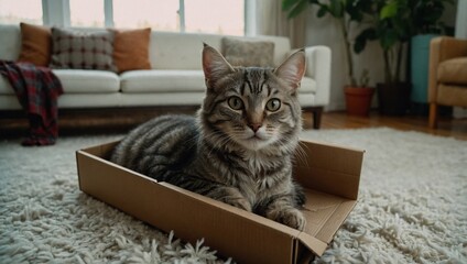 Cute tabby cat lounging in cardboard box in cozy living room. Playful domestic cat relaxing in box on fluffy carpet. Grey striped cat in small box with sofa in background.