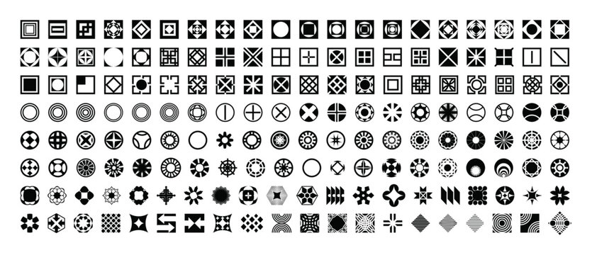 Vector illustration of a black and white abstract geometric symbol collection featuring circular and square design elements.