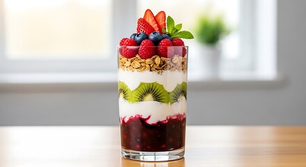 Delicious layered fruit parfait with berries and kiwi in a glass.