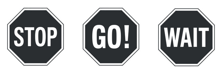 a visual representation of traffic control featuring three octagonal signs with commands stop go and wait displayed in white lettering © MOHAMMAD