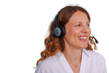 Professional woman wearing headset and mic, smiling providing customer service support for telemarketing or online assistance