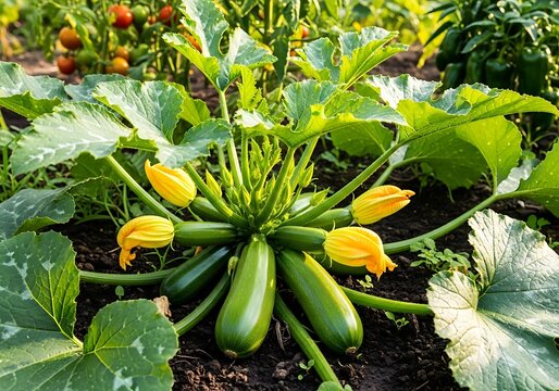Green squash plants with yellow flowers and developing fruits grow in soil.