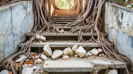 Ancient stone stairs overtaken by gnarled tree roots and debris
