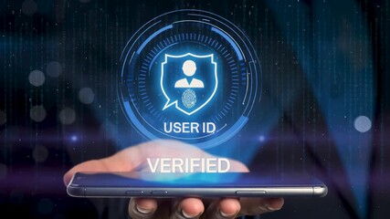 Businessman hand holding smartphone with virtual fingerprint scanner interface, biometric digital identity security technology concept and verified user ID access data control in server room. - Powered by Adobe