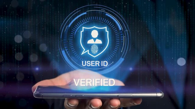 Businessman hand holding smartphone with virtual fingerprint scanner interface, biometric digital identity security technology concept and verified user ID access data control in server room.